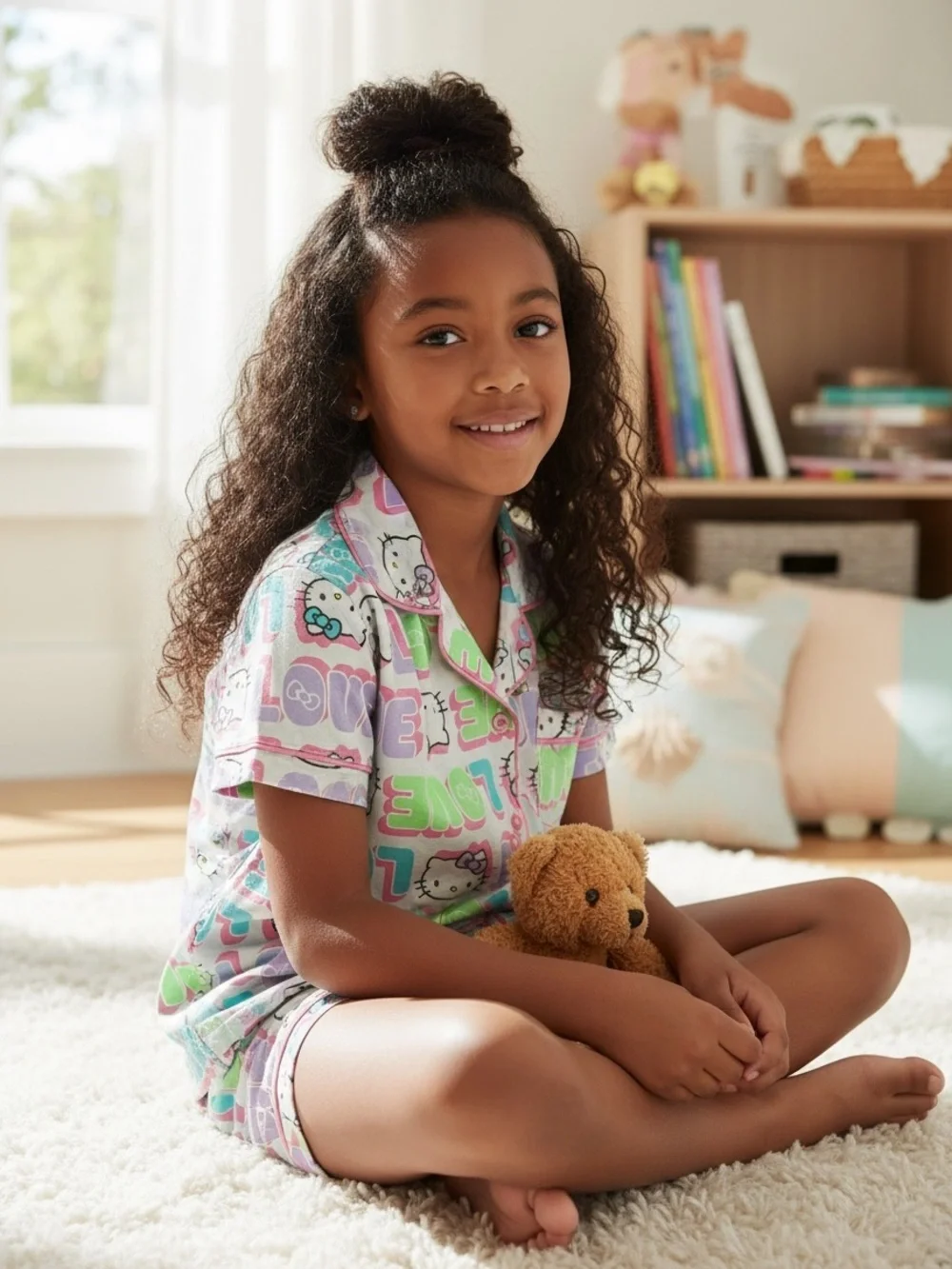 Kids' Hello Kitty Short Pajama Set in Pastel Rainbow Love Print
